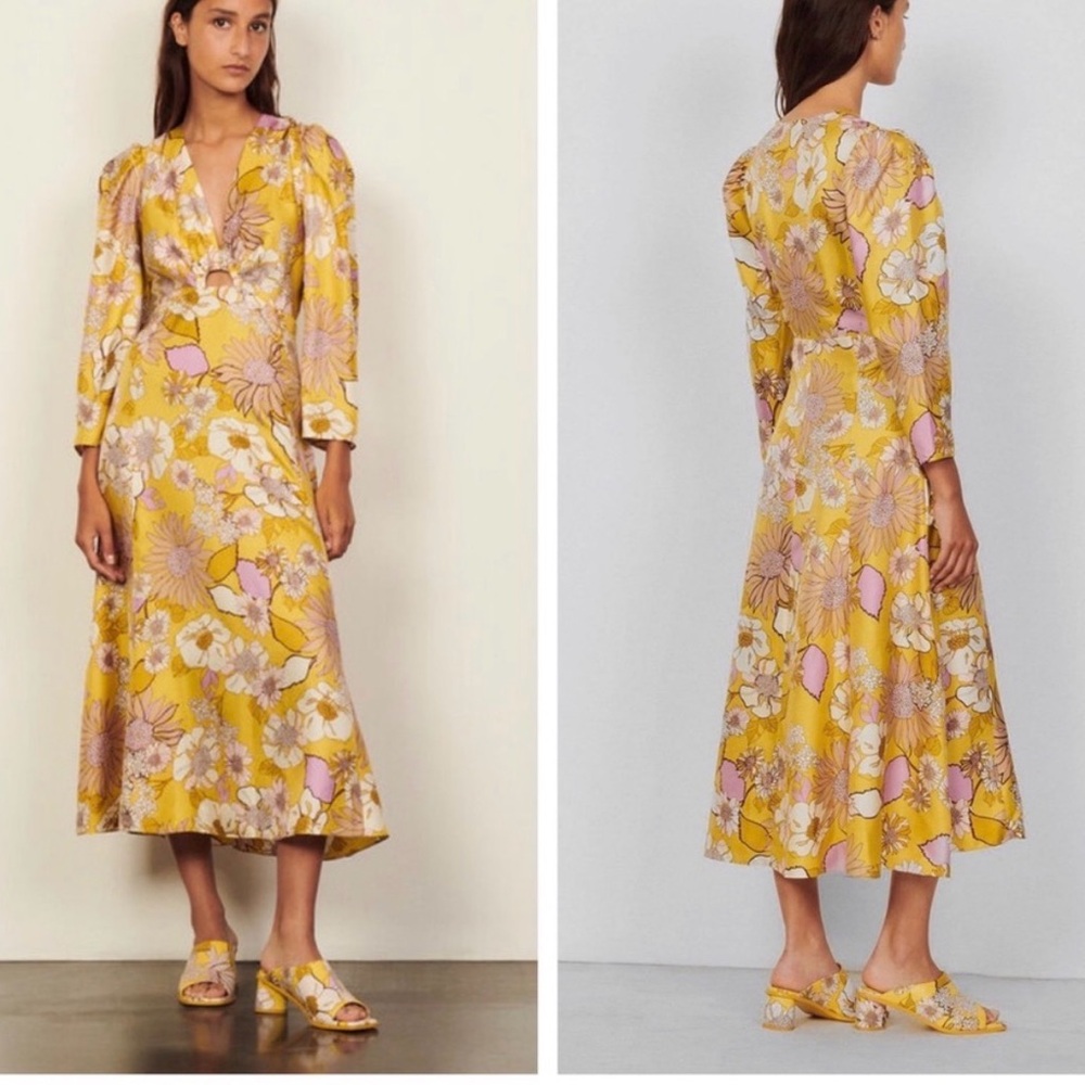 Elegant Floral Long Sleeve Dress in Yellow and Pink